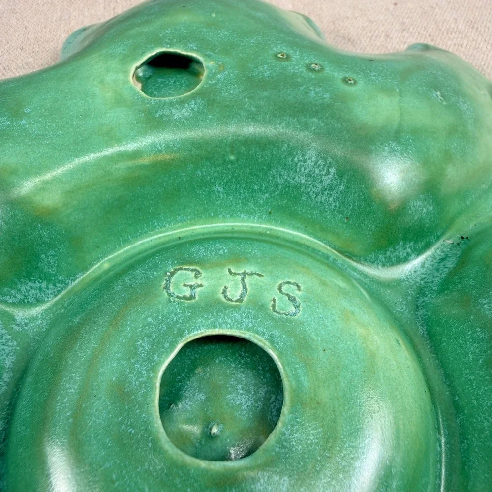 Vintage Green Leaf Chip and Dip‎ Set Signed GJS Studio Pottery Mid Century Style
